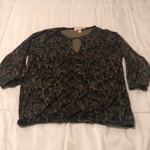 Michael Kors animal print blouse top in black and olive green w peephole front